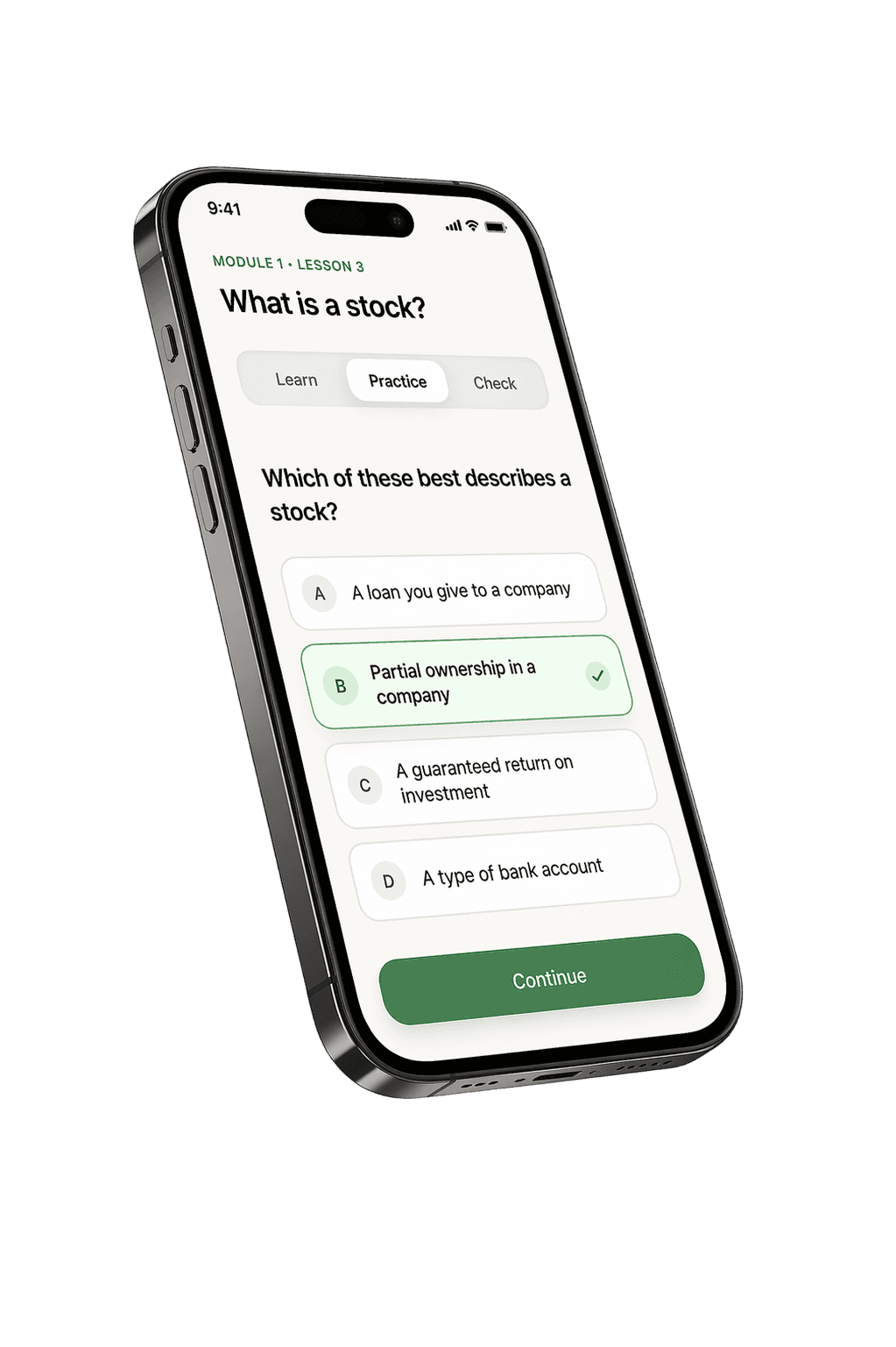 Stoked lesson screen shown on an iPhone